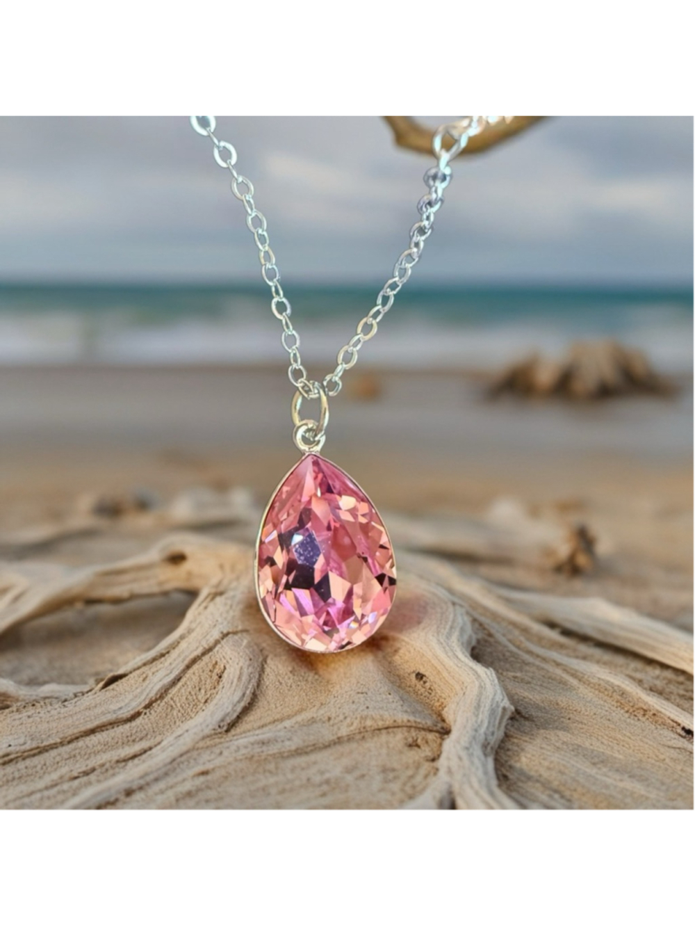 Handcrafted necklace with light rose pink Swarovski crystal and chain